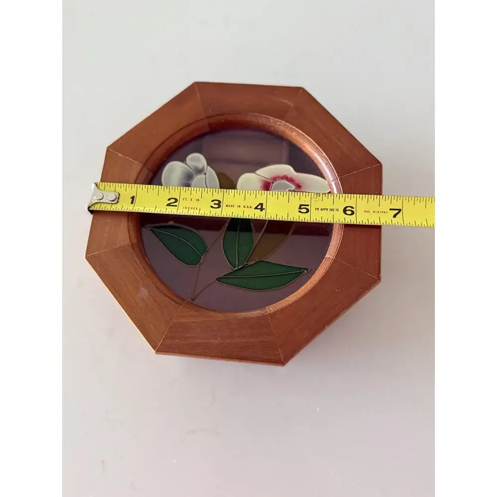 Vintage Octagonal Wood Jewelry Ring Box Hand Painted Floral Glass Lid Pink